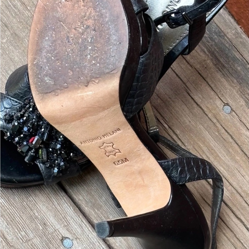 Antonio Melani Black Leather Embellished Beaded Heels Open Toe Sz 6.5M - Picture 9 of 11